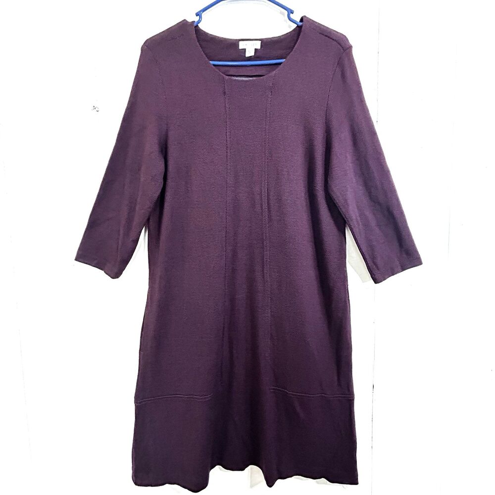 J Jill Ponte Midi Dress Size M Mulberry Black Herringbone 3/4 Sleeve Pullover